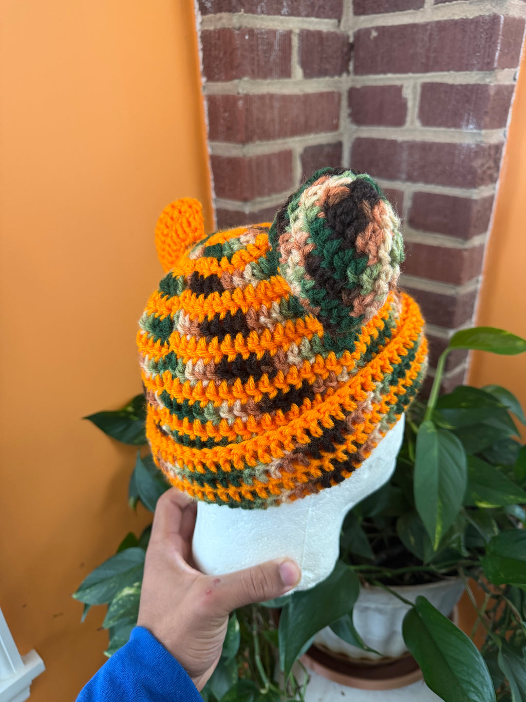 Orange Camo Bear Beanie