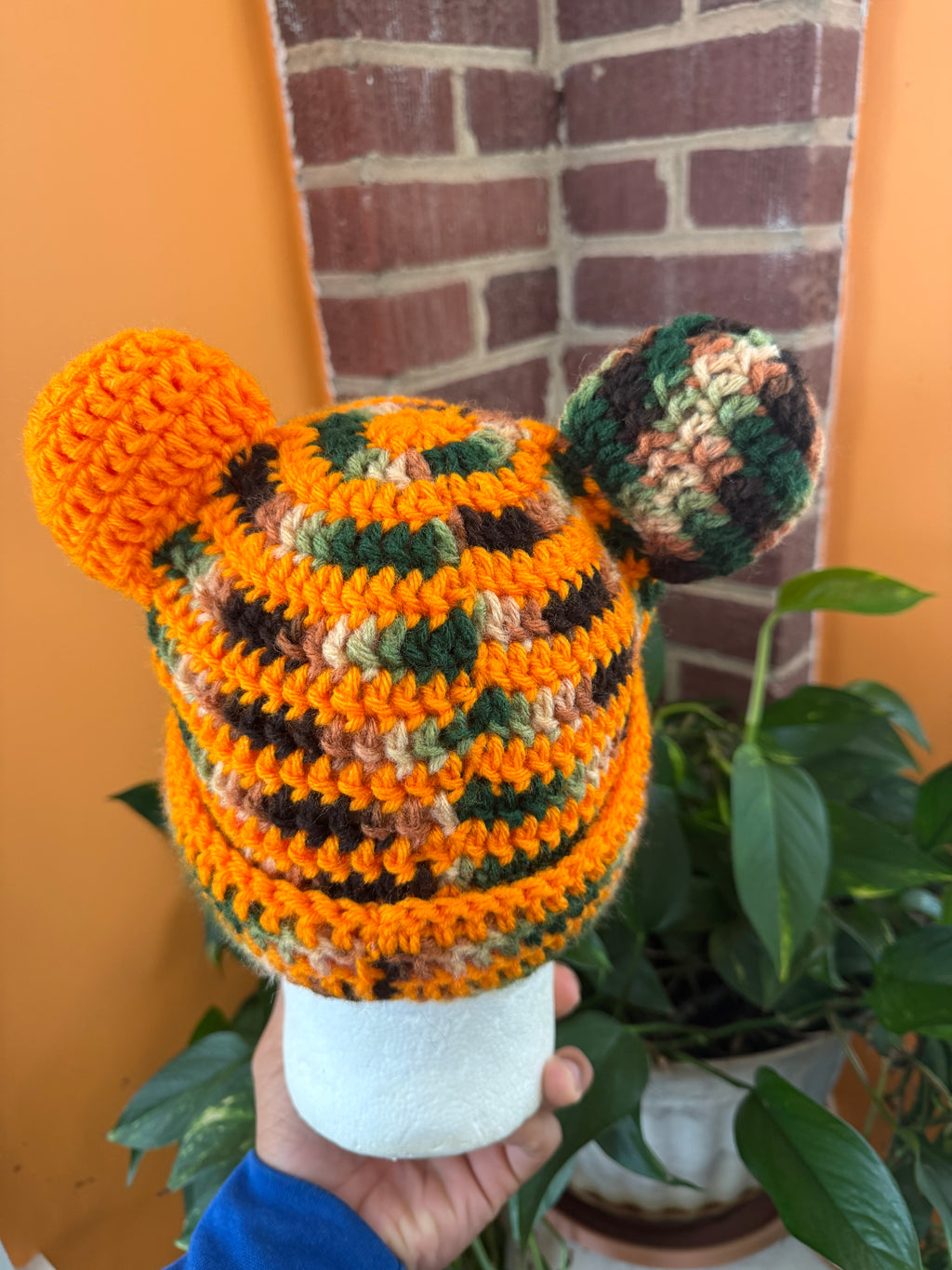 Orange Camo Bear Beanie